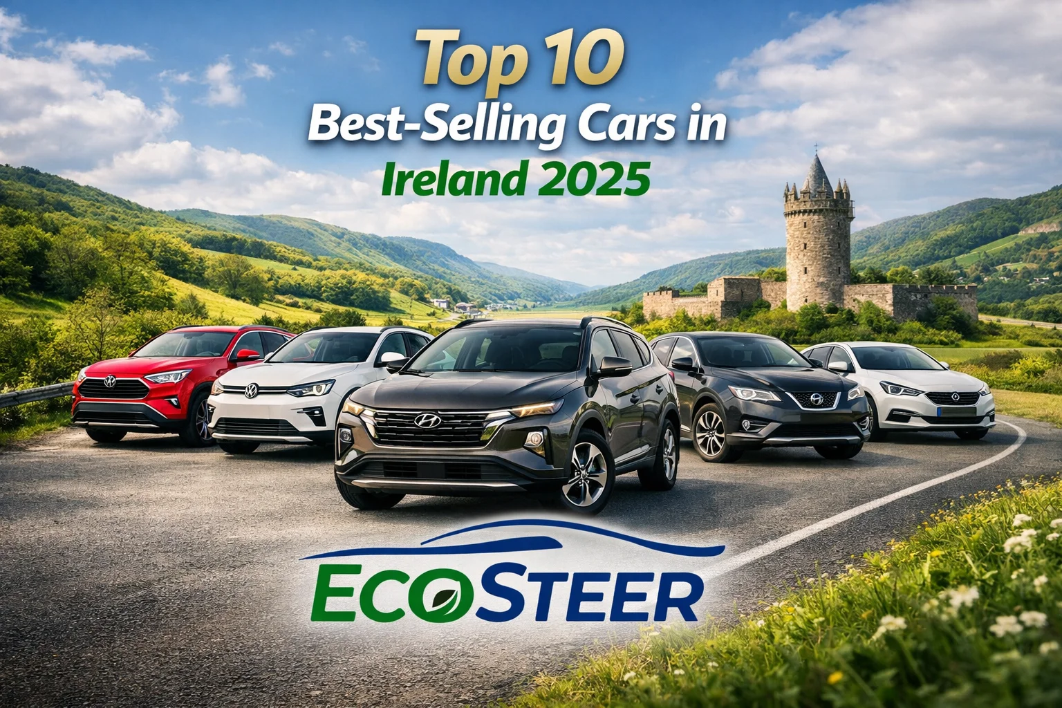 A lineup of Ireland’s top-selling cars in 2025, including SUVs and electric vehicles.